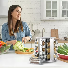 رف توابل دوار من الفولاذ المقاوم للصدأ - منظم ١٢ برطمانًا