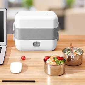صندوق غداء كهربائي لتسخين الطعام  – طبقتان مع 4 أوعية من الستانلس ستيل