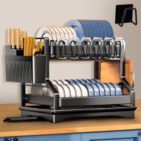 مجفف صحون ستانلس ستيل أسود بطابقين مع حامل أدوات وصينية تصريف