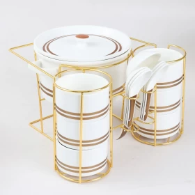 طقم شوربة سيراميك أوركيد مع حامل – 15 قطعة (ذهبي، SPS60)