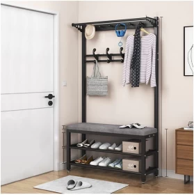 شماعة مدخل متعددة الوظائف 3 في 1 مع مقعد مخملي لتخزين الأحذية – أسود