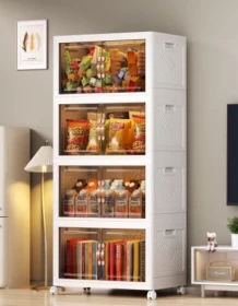 صندوق تخزين بلاستيك قابل للطي – 4 طبقات بعجلات وأبواب